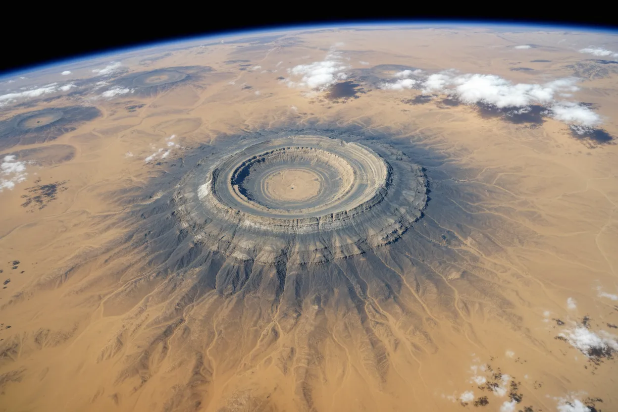A 4x4 vehicle traversing the sandy terrain near the Richat Structure, with a vast desert landscape in the background