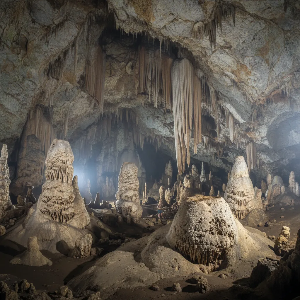 Inside Rima Rau Cave, showing towering stalactites and stalagmites illuminated by a guide's headlamp.