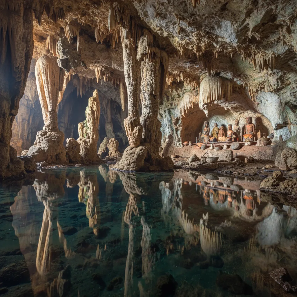A crystal-clear freshwater pool inside Rima Rau Cave, reflecting cave formations above.