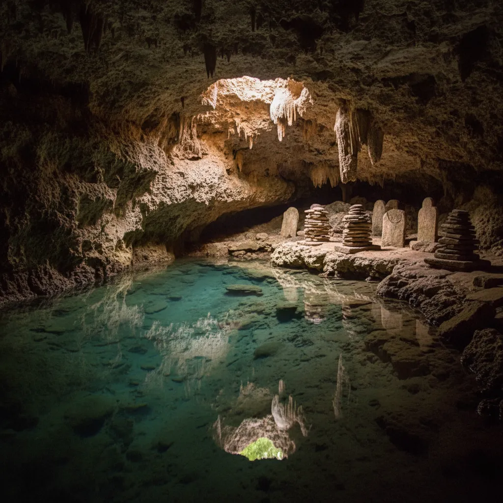 A local Atiuan guide leading tourists through a narrow passage inside Rima Rau Cave, pointing out formations.