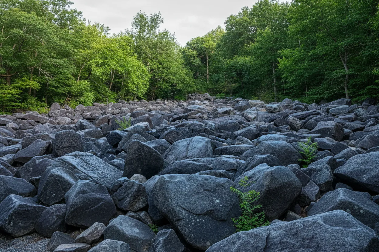 A wide shot of the boulder field at Ringing Rocks Park, showing a vast expanse of dark, angular diabase rocks under a blue sky.