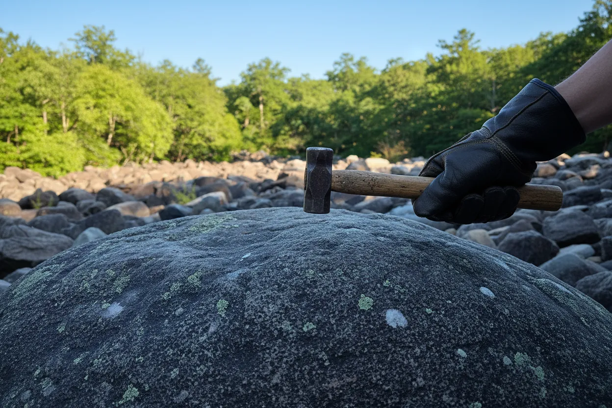 A person's hand holding a small hammer, tapping a dark diabase rock in the boulder field, with other rocks visible in the blurred background.