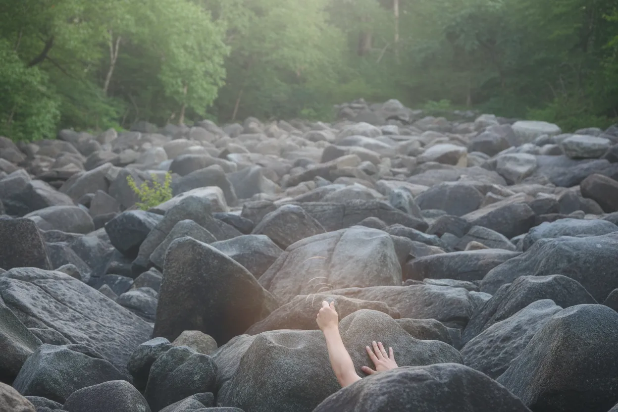 A scenic view of the surrounding forest and a small part of the boulder field at Ringing Rocks Park, showing green trees and a clear sky.