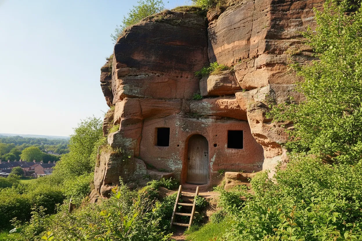 Exterior view of the Rock Houses of Kinver Edge, showing homes carved directly into a sandstone cliff face with windows and doors visible.