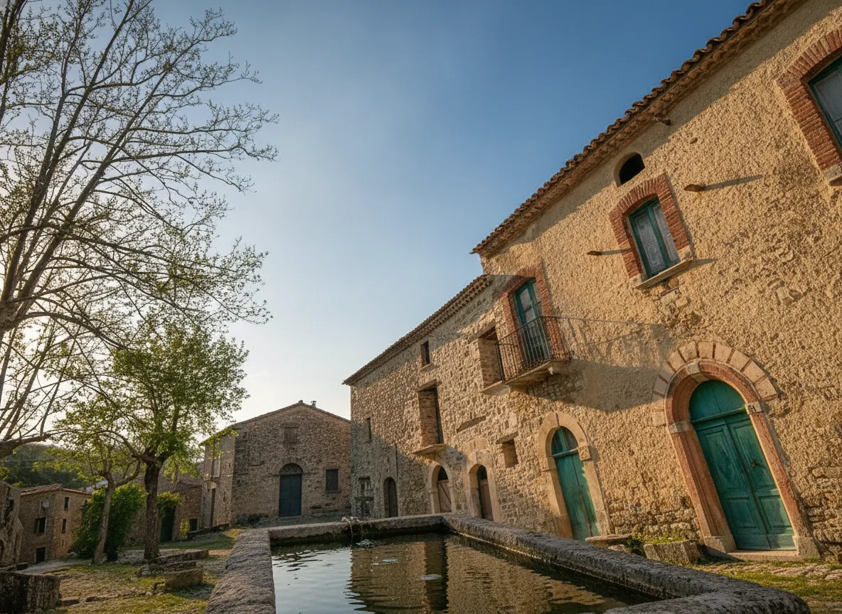Empty main piazza of Roscigno Vecchia with a stone church and abandoned houses under a blue sky.