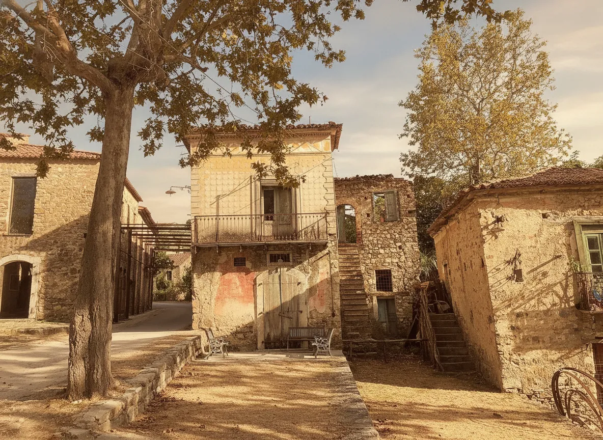 Narrow, cobblestone alleyway in Roscigno Vecchia with stone houses and overgrown vegetation.