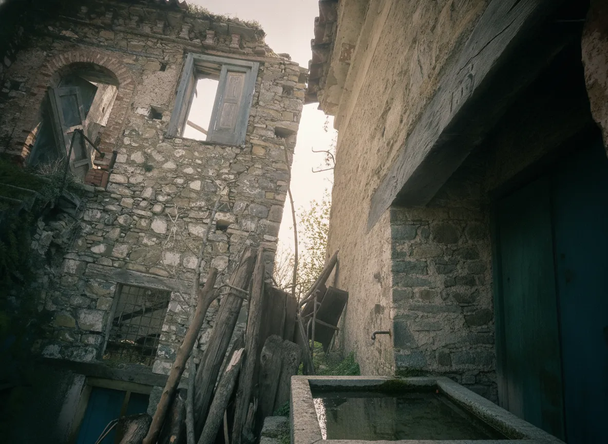 Interior view of an abandoned stone house in Roscigno Vecchia, showing old wooden beams and a window.