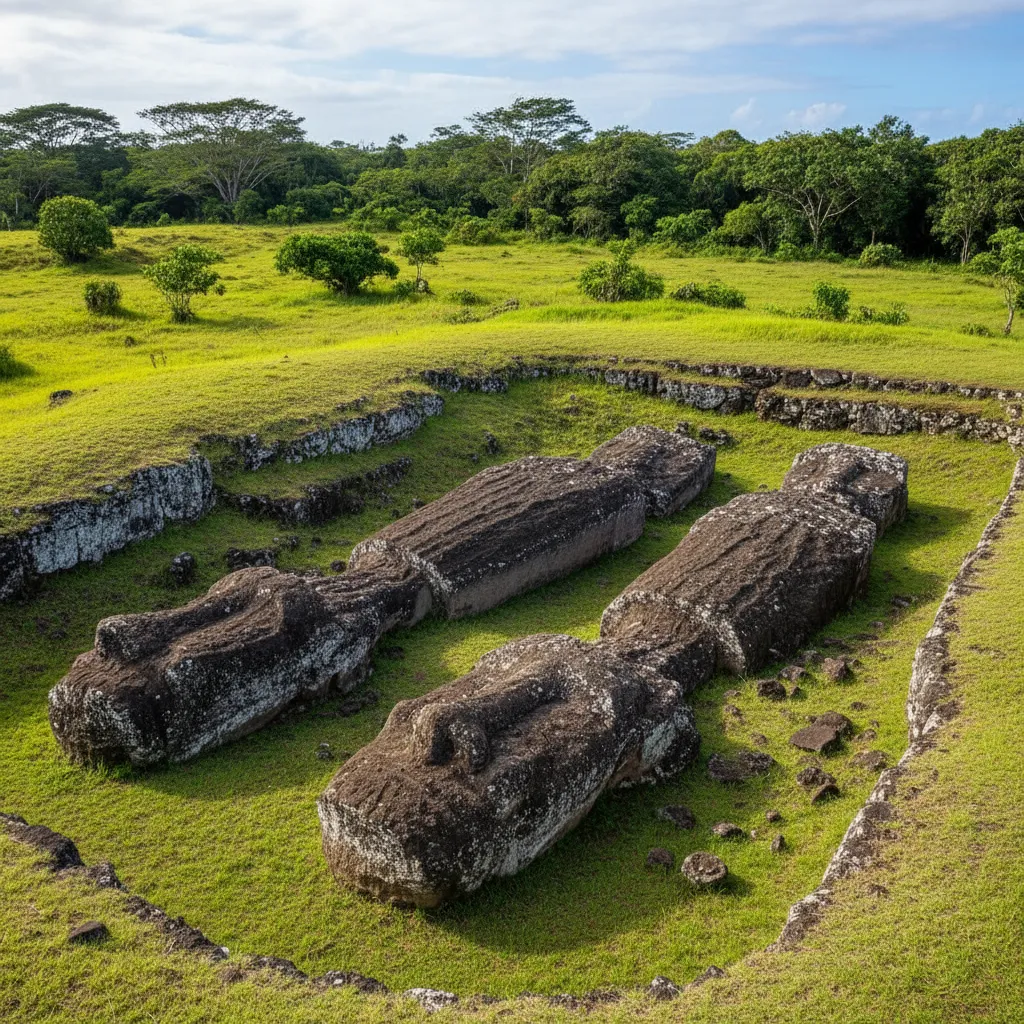 Dozens of massive, half-carved latte stone pillars lying scattered within a dense jungle, evoking an ancient, abandoned quarry.