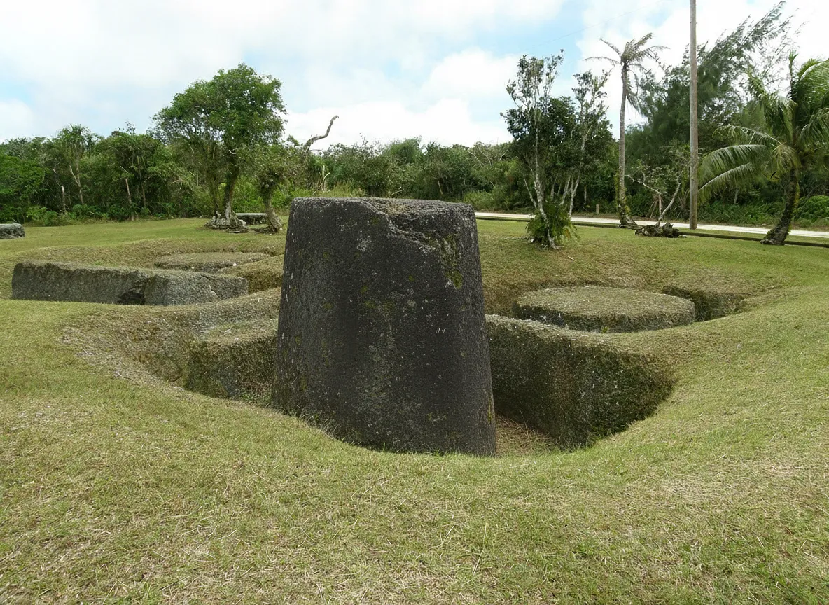 Close-up of a partially carved latte stone pillar showing tool marks and its connection to the surrounding bedrock.