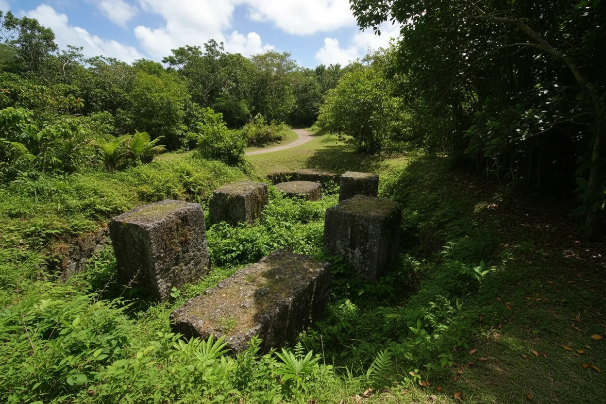 A visitor walking along a jungle path, surrounded by lush tropical vegetation, leading towards the hidden latte stone quarry.