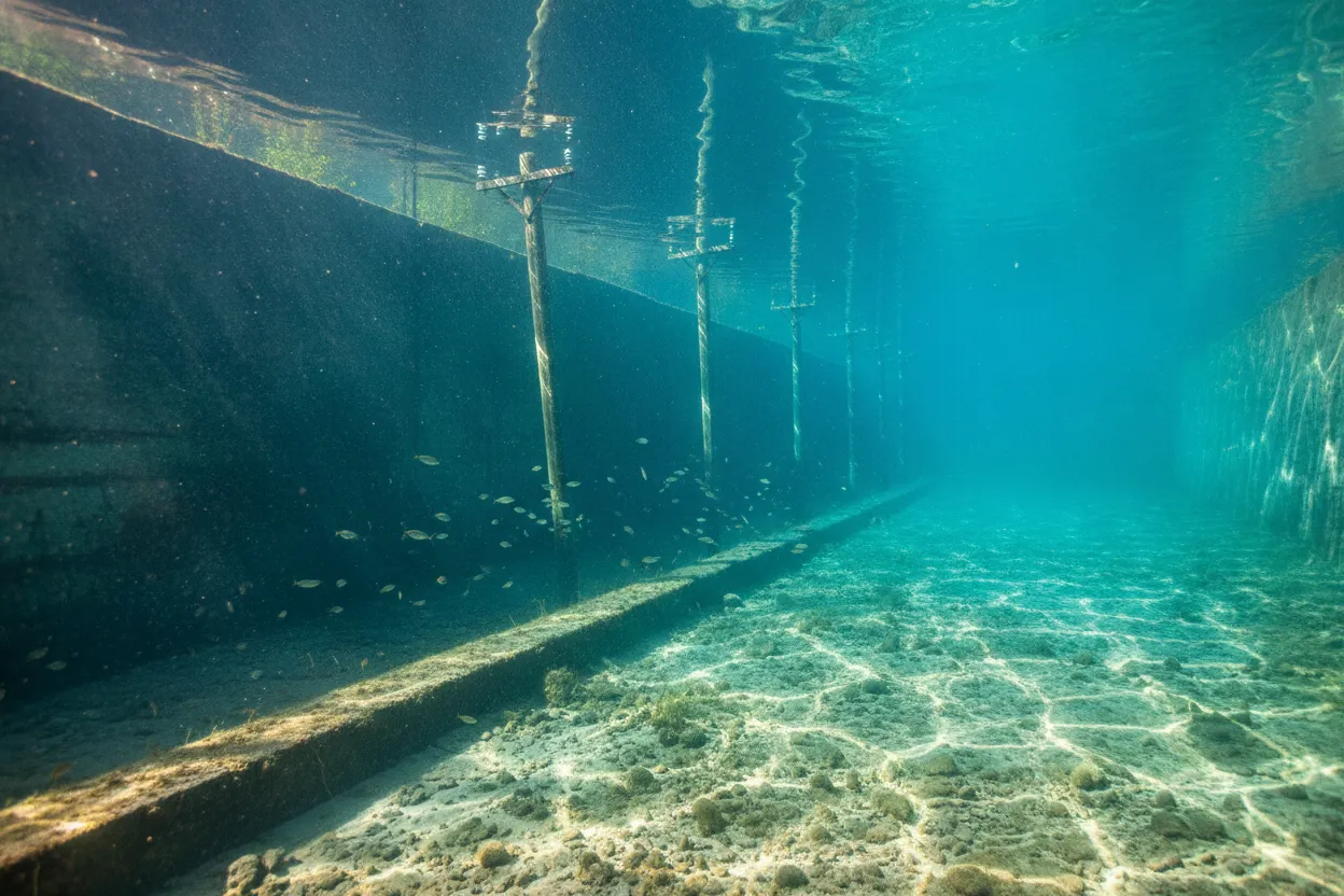 Underwater view of submerged prison walls and structures at Rummu