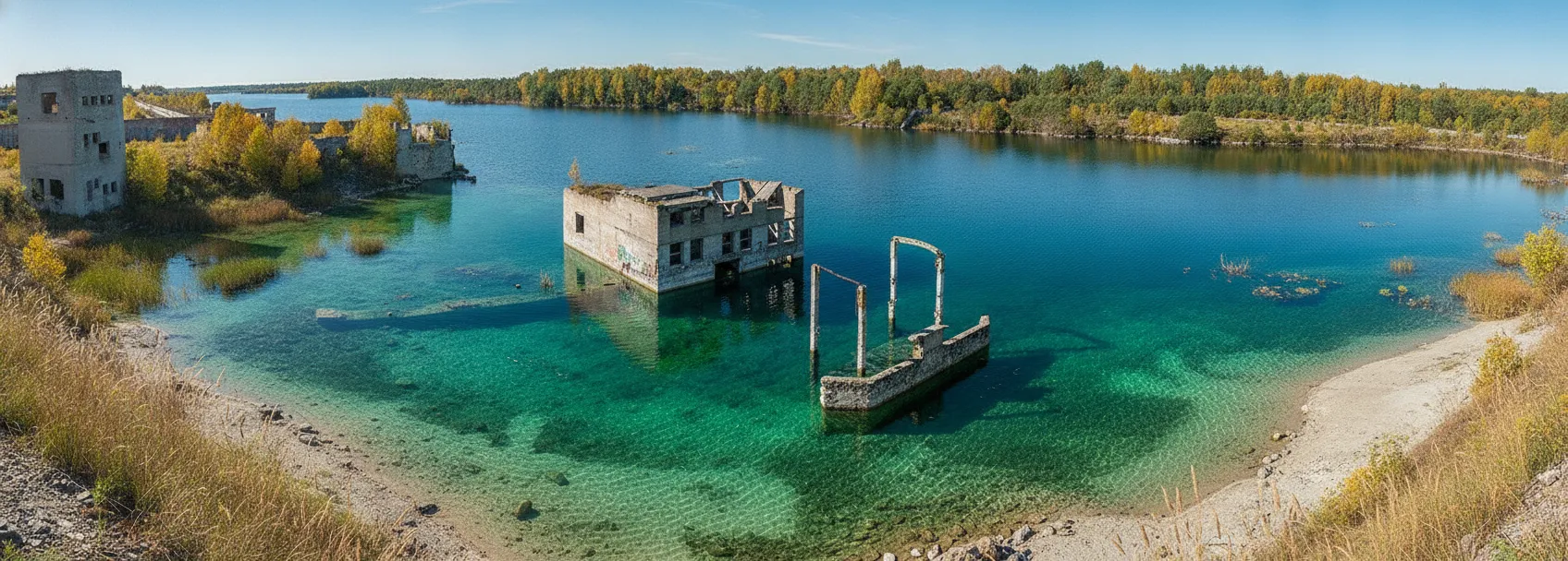 People swimming and sunbathing at Rummu quarry lake with the guard tower in the background