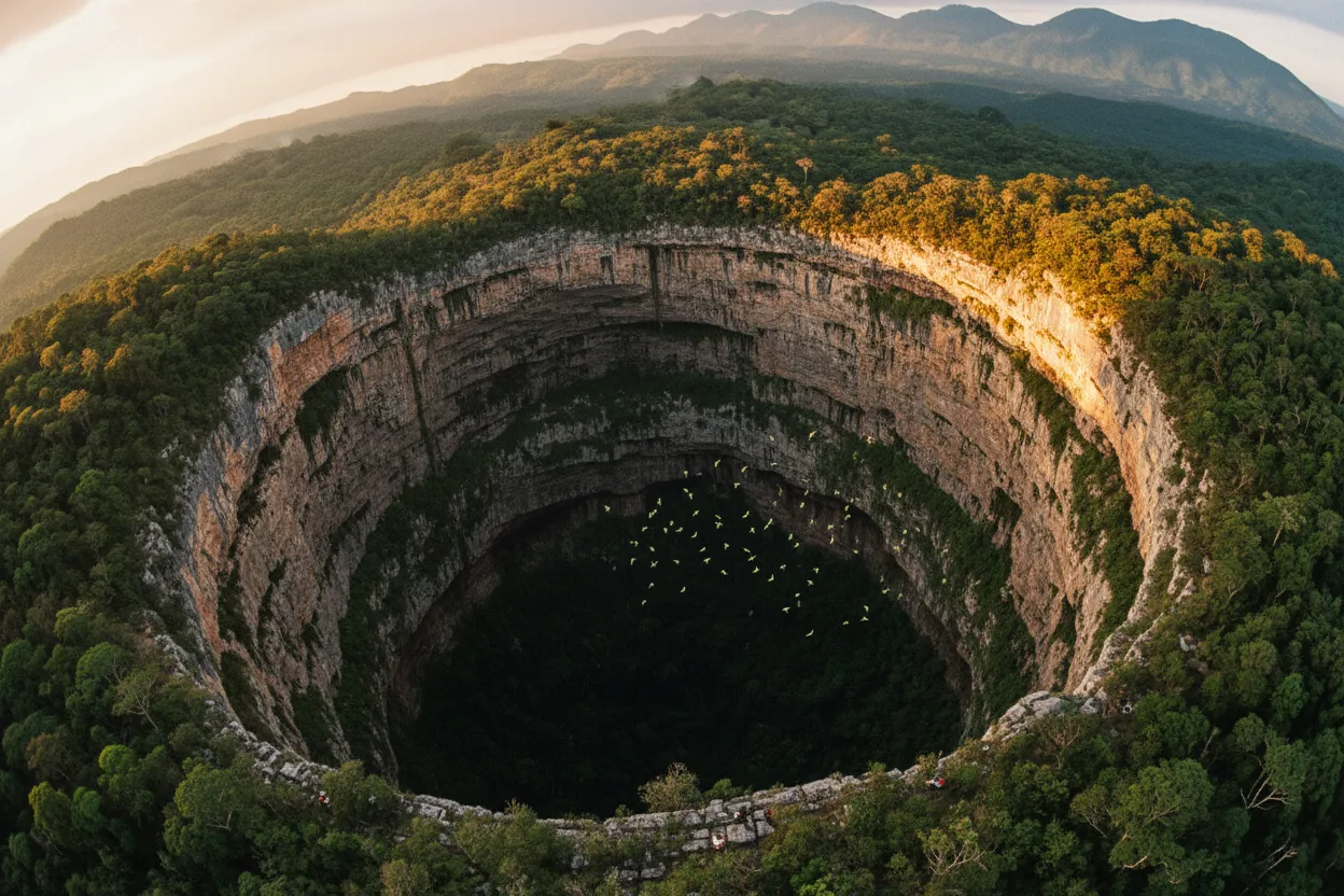 Plunge into the heart of Mexico where an enormous, perfectly circular sinkhole plunges over a thousand feet, serving as a dizzying avian skyscraper for hundreds of thousands of birds.