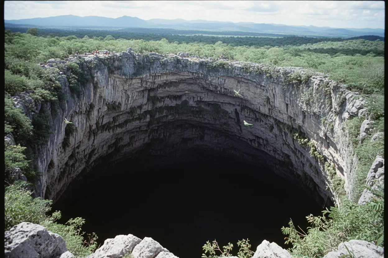 Panoramic view of the Sótano de las Golondrinas from the rim, showing the vast circular opening plunging into the earth, with lush green vegetation around the edges.