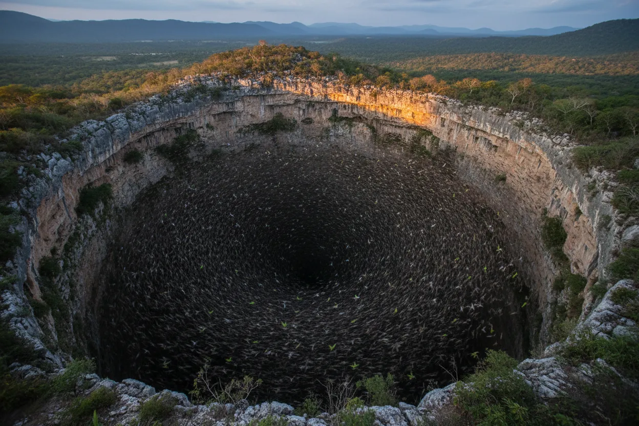 A group of travelers standing at the fenced viewing platform of Sótano de las Golondrinas, looking down into the massive sinkhole, surrounded by lush jungle foliage.