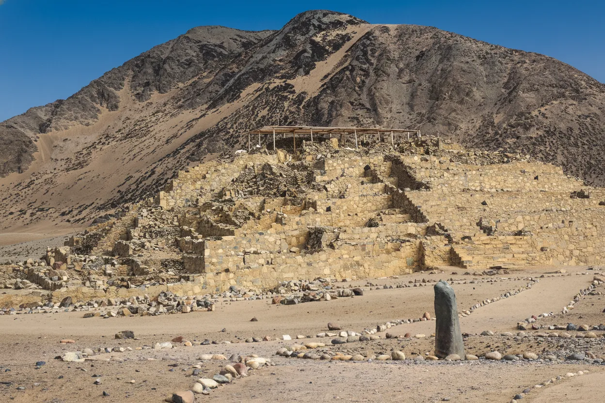 Panoramic view of the Sacred City of Caral-Supe, showing multiple large pyramids and plazas under a clear blue sky.