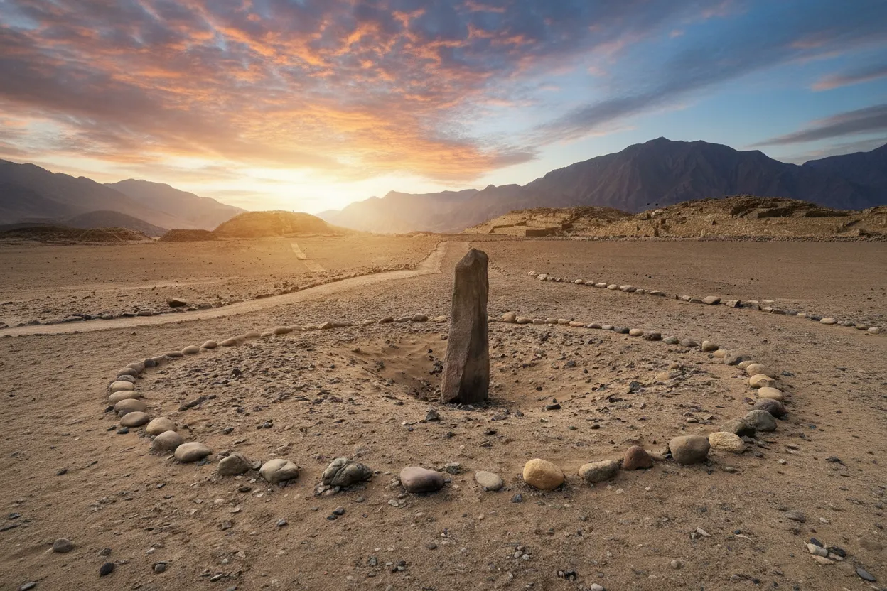 A pathway winding through the archaeological site of Caral, with smaller structures and the arid Supe Valley landscape in the background.