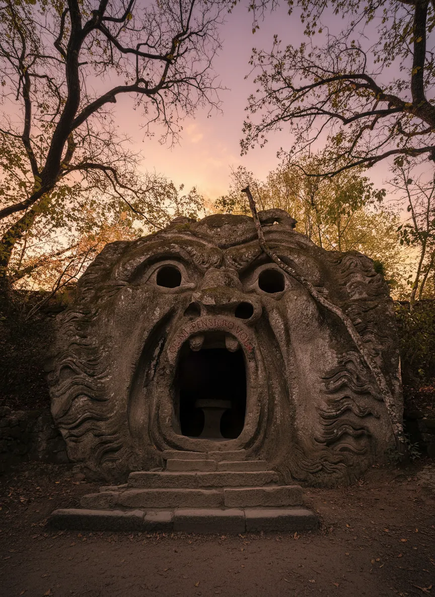 Enter a bizarre 16th-century 'Sacred Wood' filled with monstrous, mythic creatures carved from volcanic rock, where every turn reveals a grotesque and unsettling wonder designed purely to shock.