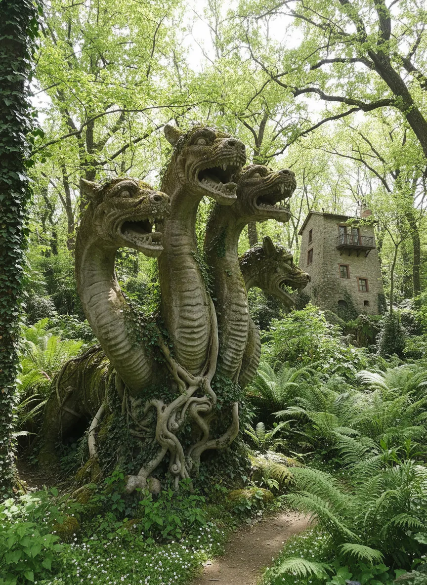 Giant grimacing face sculpture at Sacro Bosco di Bomarzo, known as the Orcus mouth.