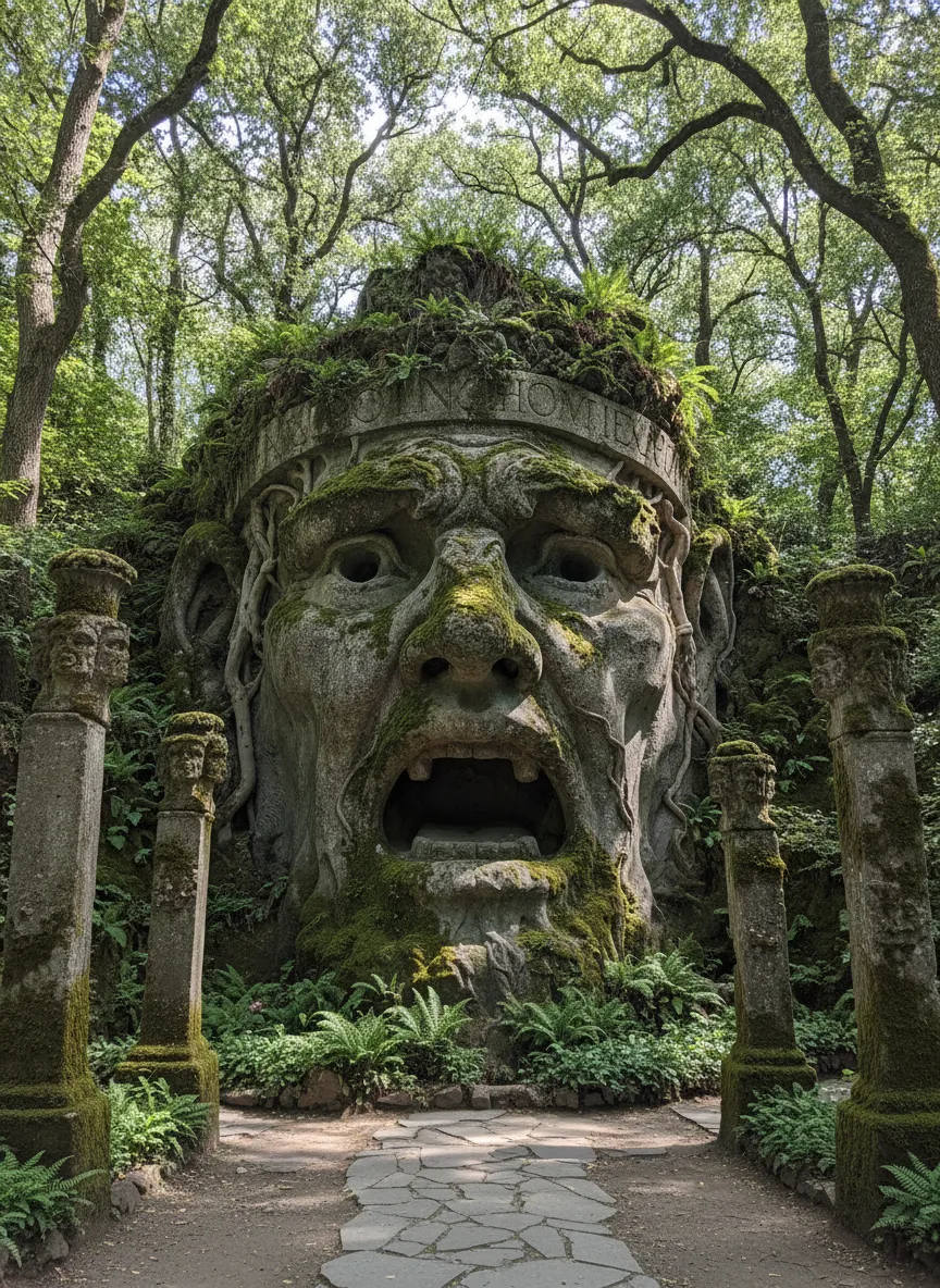 A colossal elephant sculpture with a Roman soldier, surrounded by lush greenery at the Park of the Monsters.