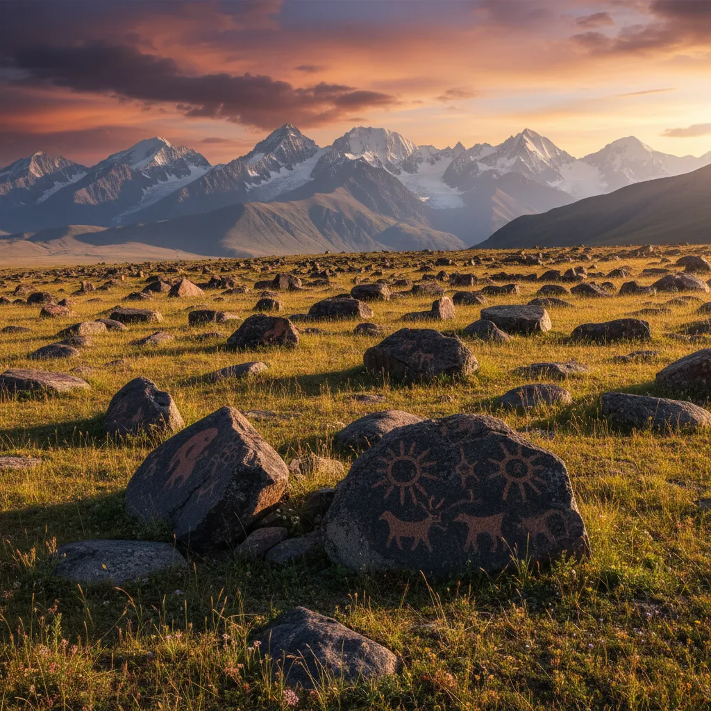 Deep within the Tian Shan mountains of Kyrgyzstan lies an otherworldly open-air gallery featuring over 10,000 ancient petroglyphs carved into volcanic rocks.