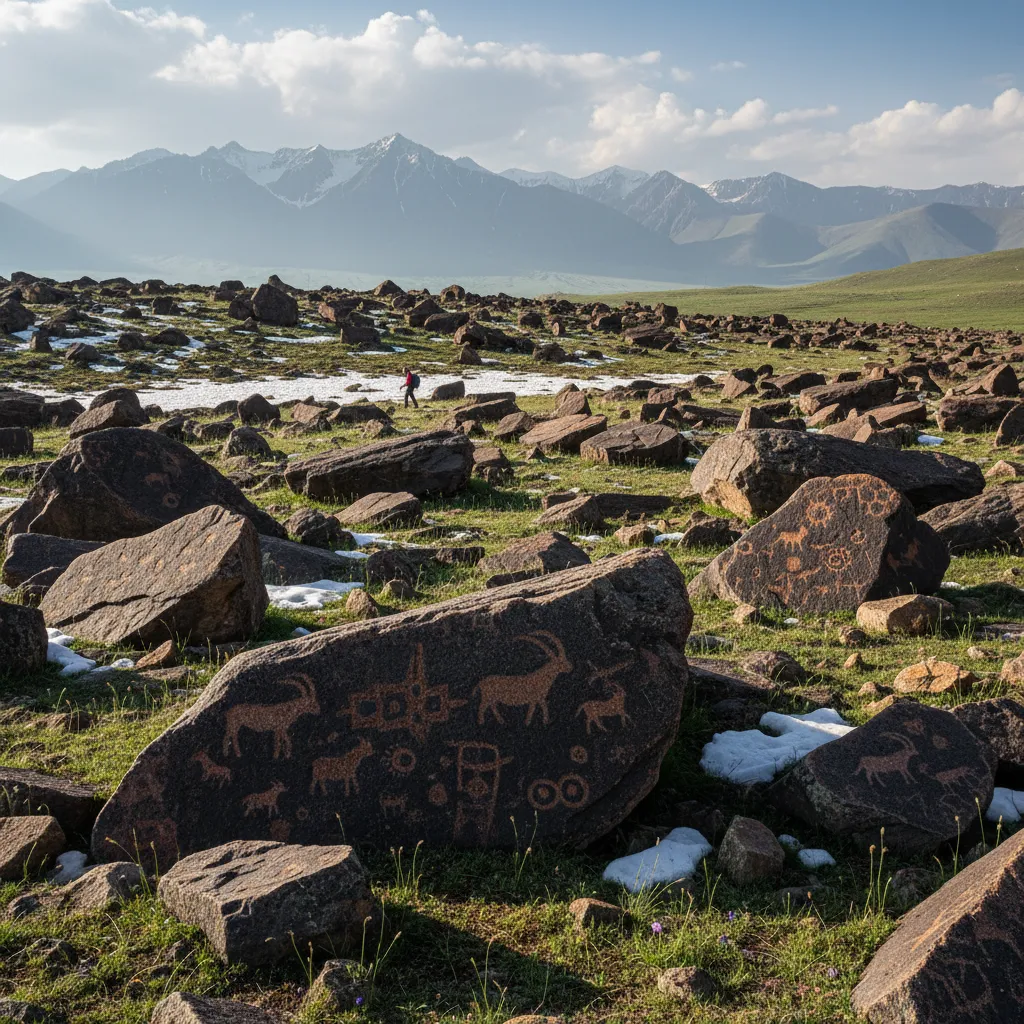 Ancient petroglyphs carved into dark volcanic rock at Saimaluu Tash, showing intricate animal figures and symbols, surrounded by sparse alpine vegetation.