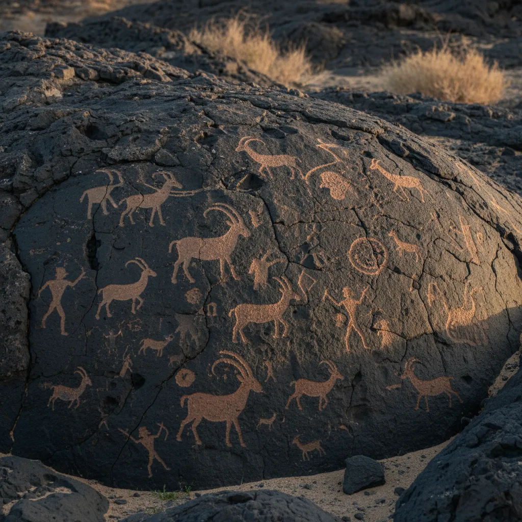 Close-up of ancient petroglyphs showing intricate human figures, possibly shamans or dancers, alongside animal symbols, weathered by centuries of exposure.