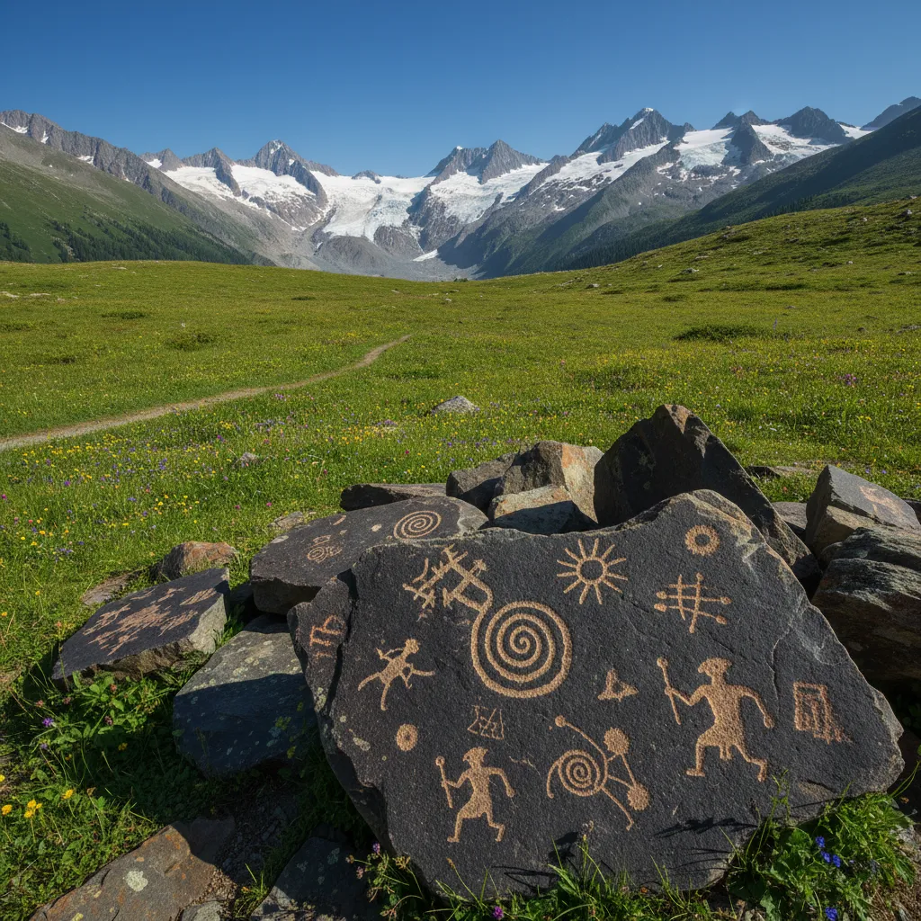 A lone trekker stands in an expansive alpine meadow, surrounded by towering, snow-capped peaks of the Tian Shan mountains, on the path to Saimaluu Tash.