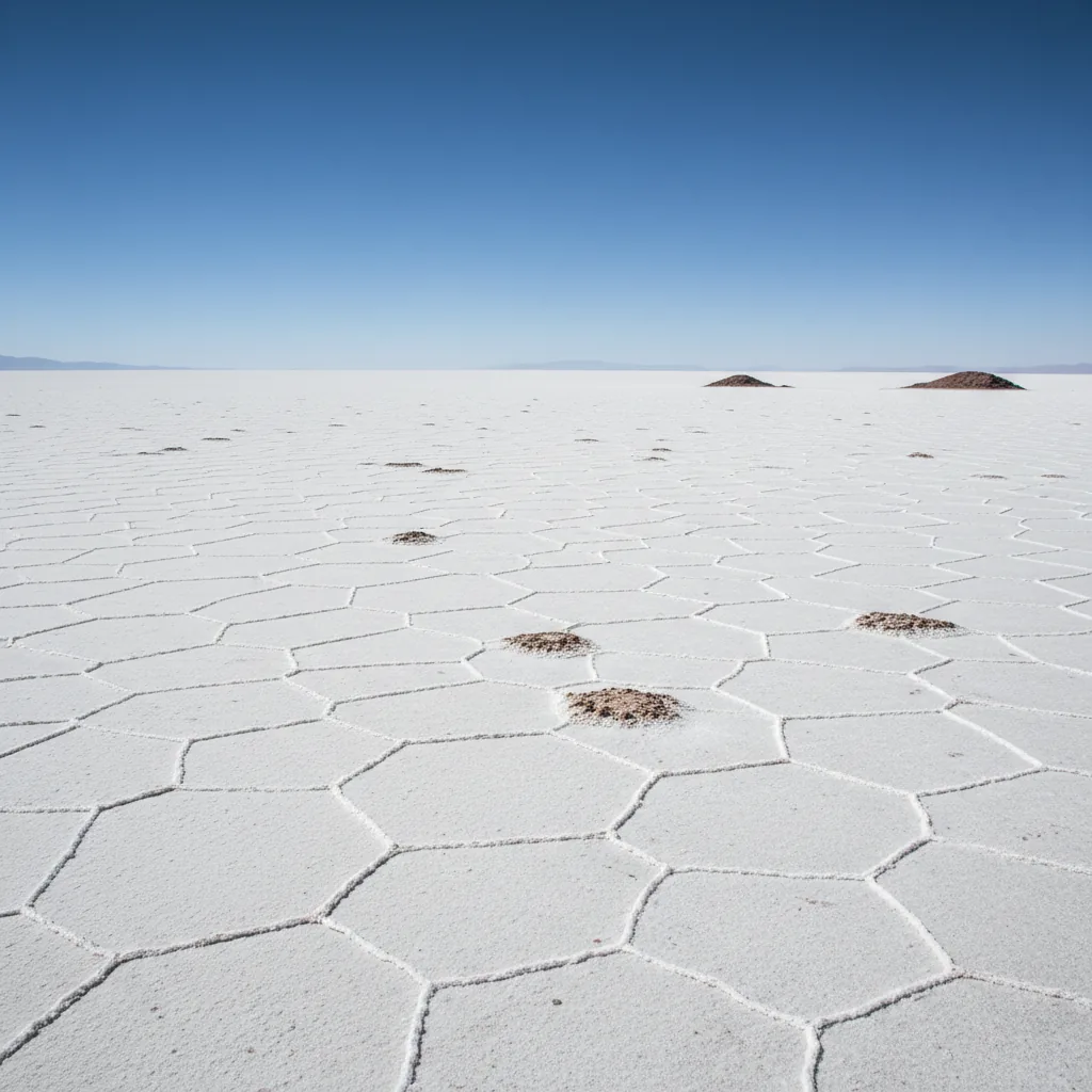 Isla Incahuasi, an island covered in giant cacti, rising from the white expanse of Salar de Uyuni.