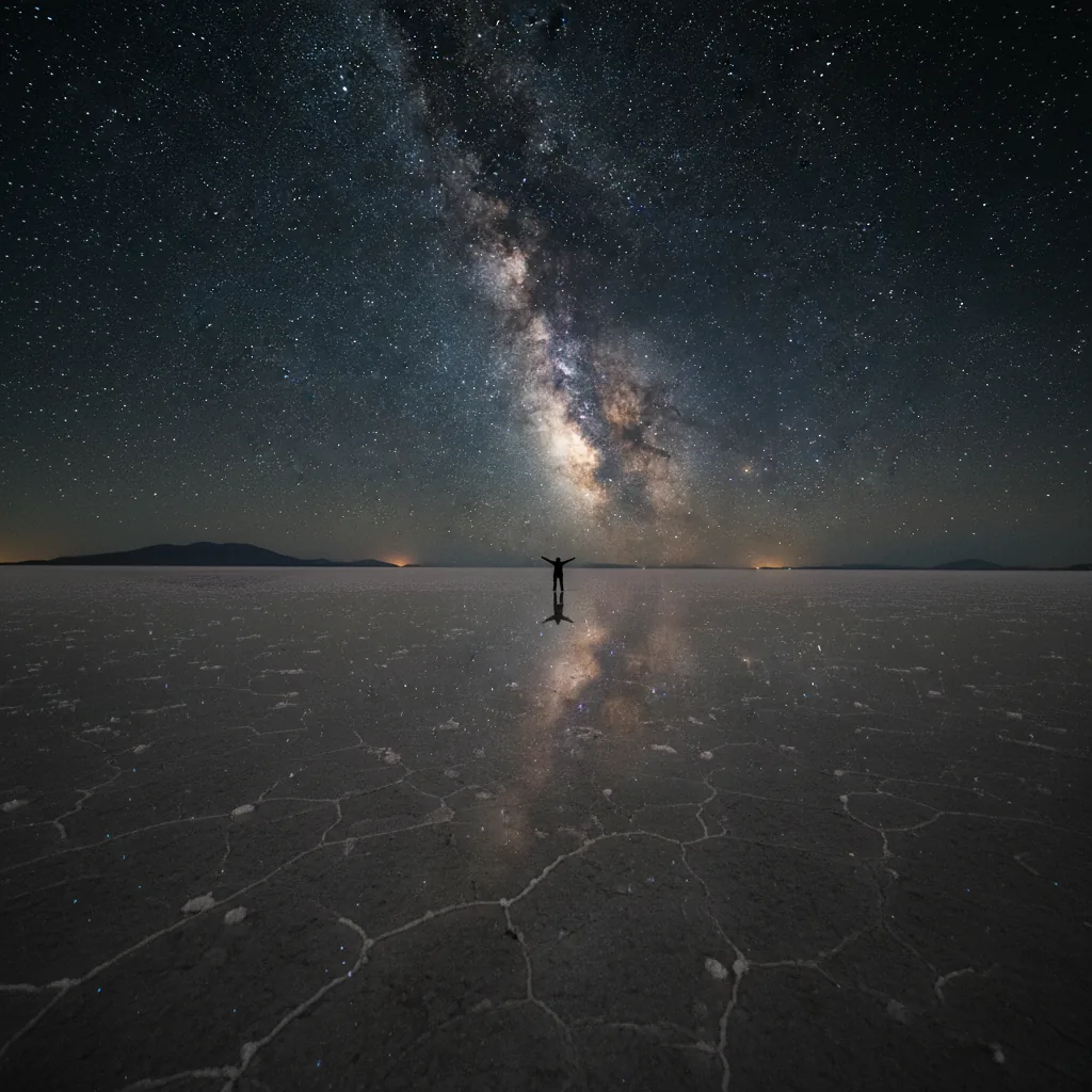 Pink flamingos feeding in the vibrant red waters of Laguna Colorada, with mountains in the background.