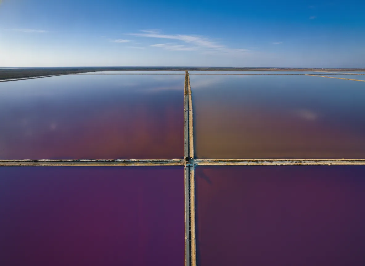Panoramic view of the vibrant pink and orange salt pans of Salina di Margherita di Savoia with flamingos in the distance.