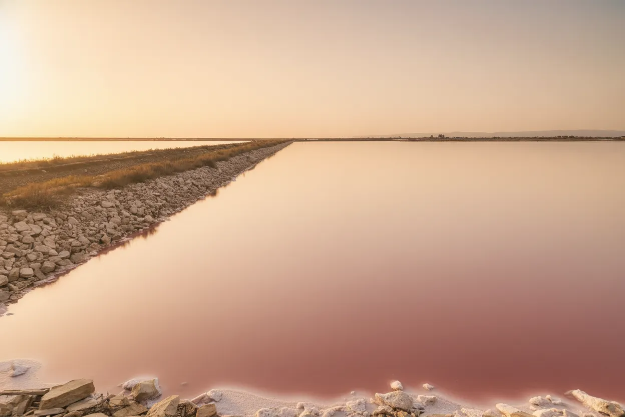 Close-up shot of vibrant pink flamingos wading in the shallow, colorful waters of the Salina di Margherita di Savoia salt pans.