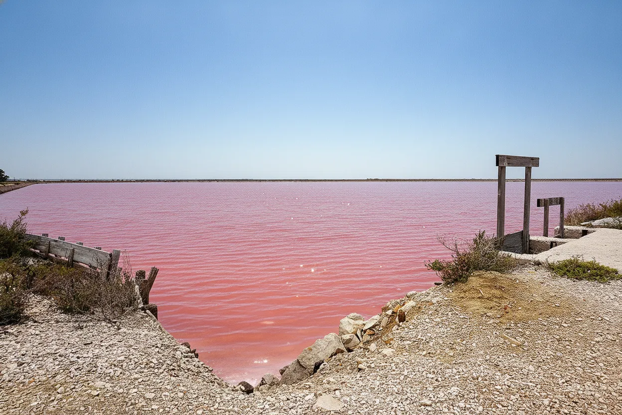 A serene sunset view over the Salina di Margherita di Savoia, showing the salt pans glowing with orange and purple hues.