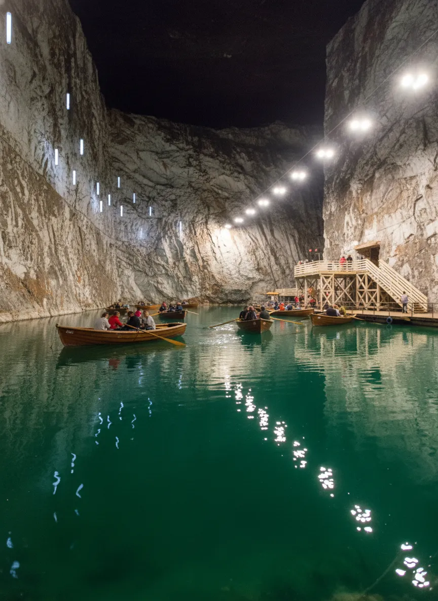 Interior view of Salina Turda's vast Rudolf Mine with Ferris wheel, mini-golf, and sports courts illuminated by colorful lights