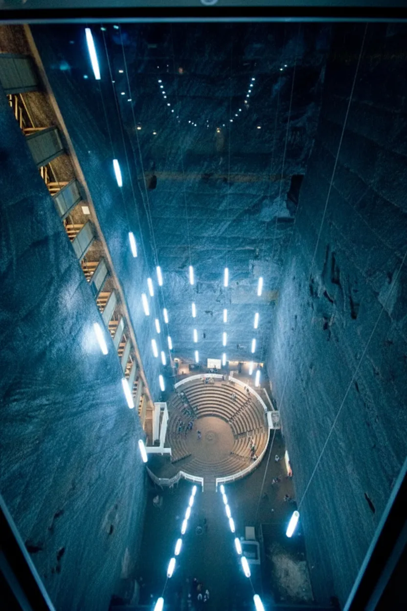Underground lake in the Theresia Mine of Salina Turda with rowboats and illuminated rock formations reflecting on the water