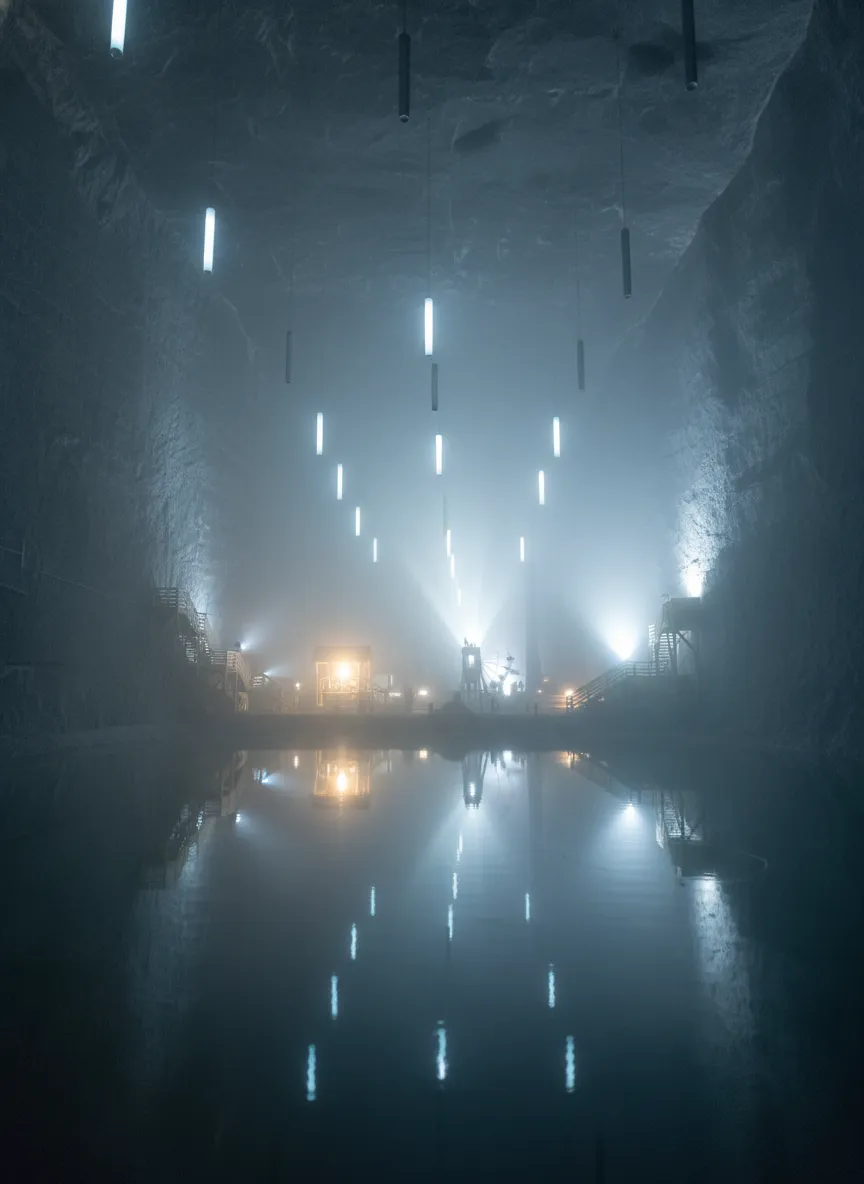 Visitors descending into Salina Turda via a long wooden staircase, showcasing the mine's immense scale and carved salt walls