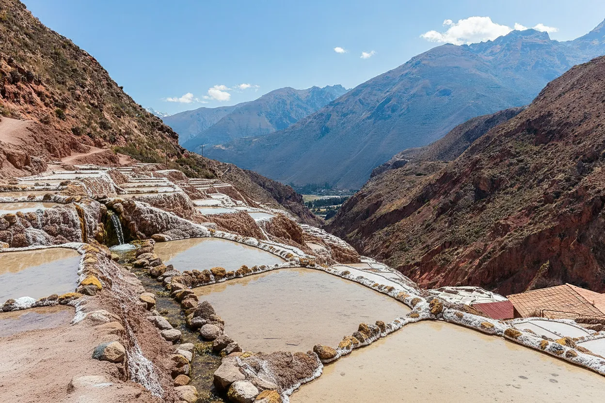 Thousands of white and pink salt terraces cascading down a mountain in Maras, Peru, under a clear blue sky.