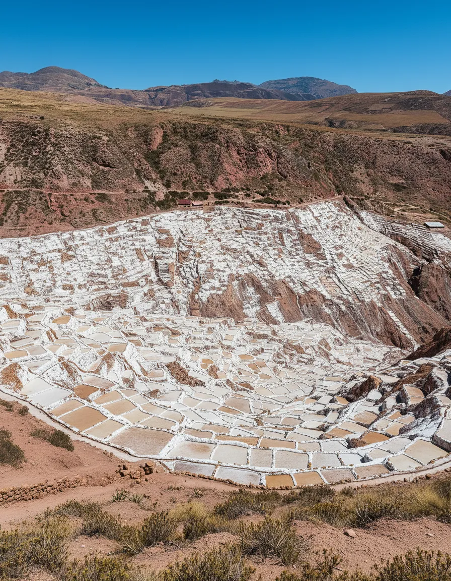 Close-up of a worker harvesting salt from a Maras salt pan, showing the textured salt crystals and the surrounding terraces.
