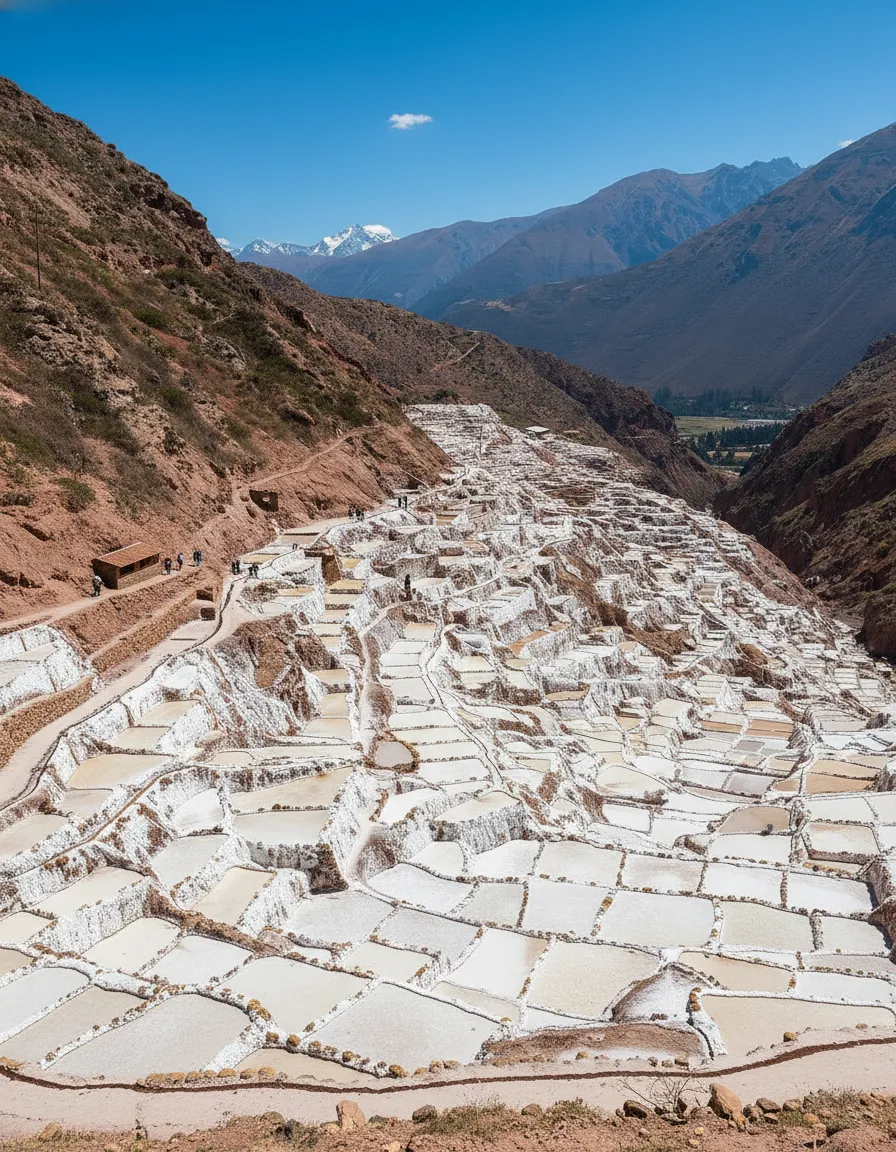 A path winding through the Maras salt pans, with a local woman tending to her salt harvest in the background, under a bright sun.