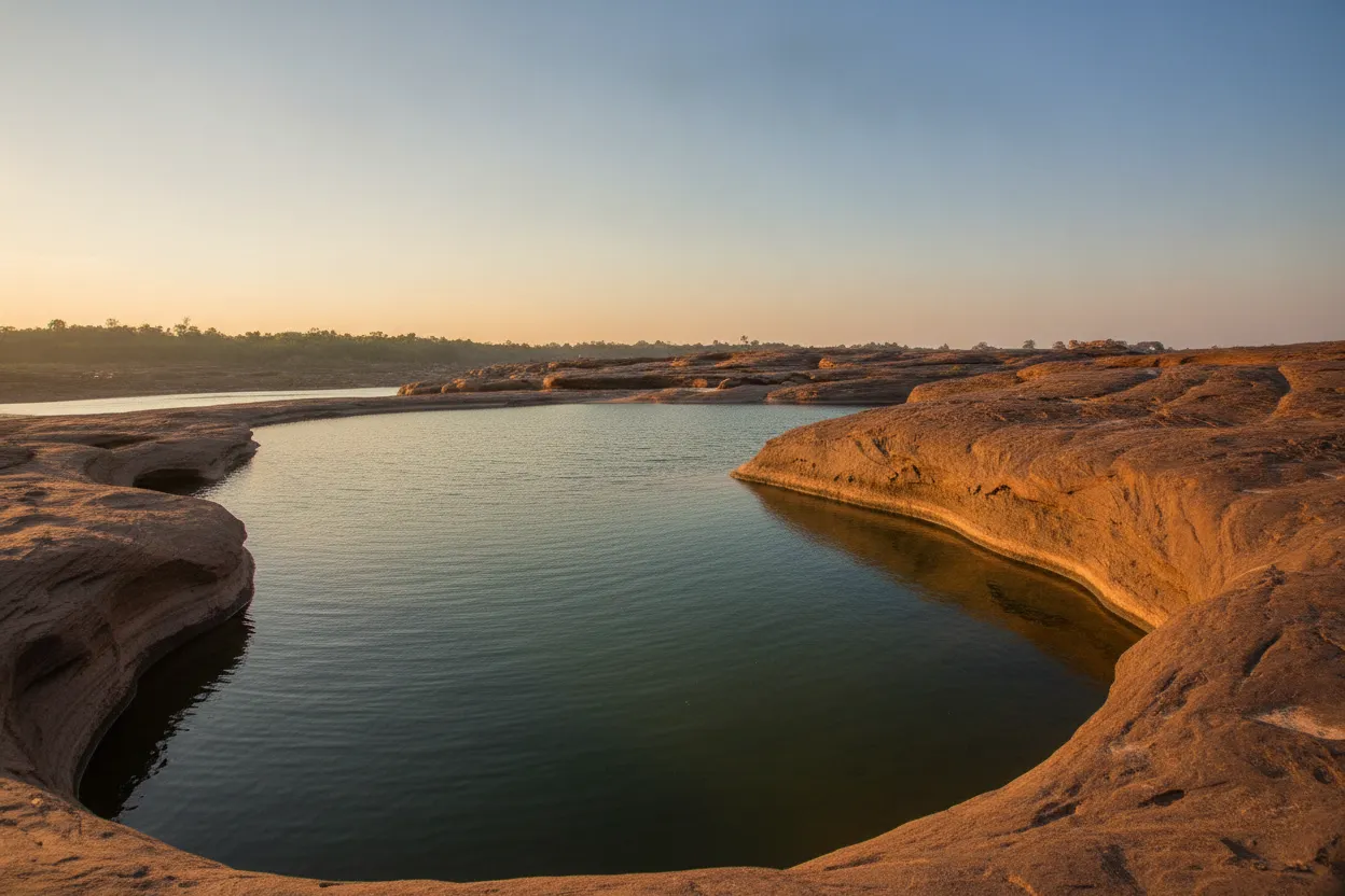 Traveler exploring the vast, intricate rock formations and potholes of Sam Phan Bok at sunset, casting long shadows over the landscape.