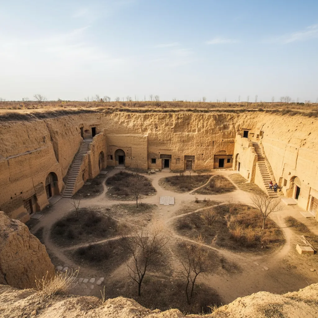 A view inside a Sanmenxia Pit Courtyard Dwelling, showing rooms carved into the earth walls and a central open-air courtyard.