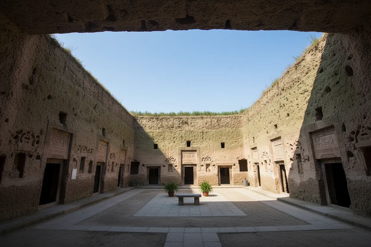 A narrow pathway leading down into a sunken pit courtyard, with earthy walls and a glimpse of the sky above.