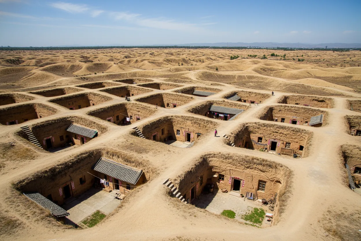 An aerial view of the Sanmenxia Dì Kū Yuàn showing multiple pit courtyards from above, blending into the surrounding loess landscape.