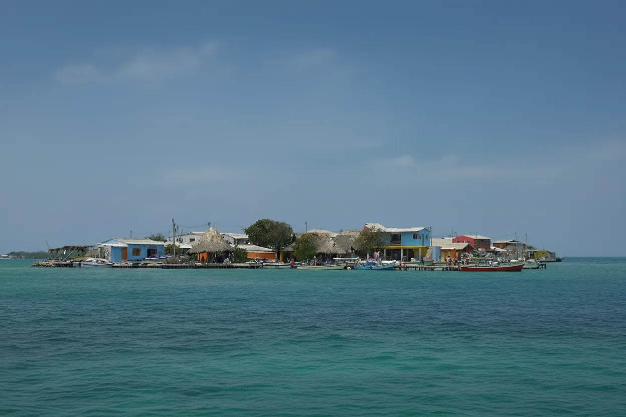 Densely packed colorful houses of Santa Cruz del Islote reaching to the water's edge under a clear blue sky.