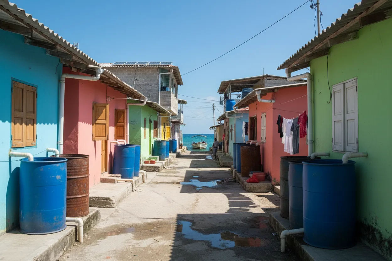 A narrow, sandy pathway winding between colorful houses on Santa Cruz del Islote, with children playing.