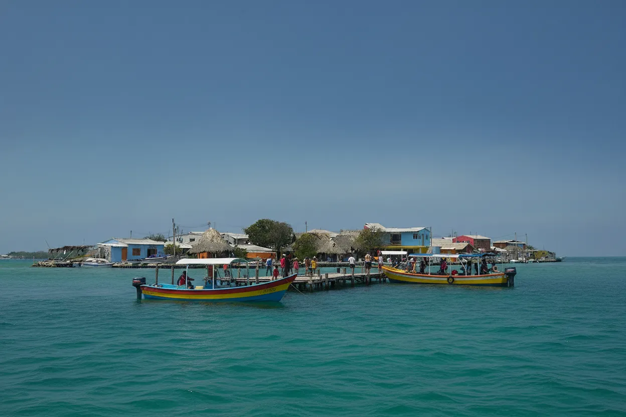 A local fisherman's boat docked near the shallow, clear turquoise waters surrounding Santa Cruz del Islote.