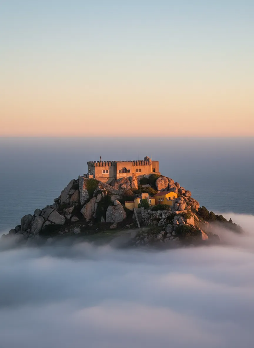 A mysterious, fog-shrouded sanctuary with a miniature palace and chapel crowns one of Europe's most dramatic coastal peaks, feeling like a forgotten realm between earth and sky.