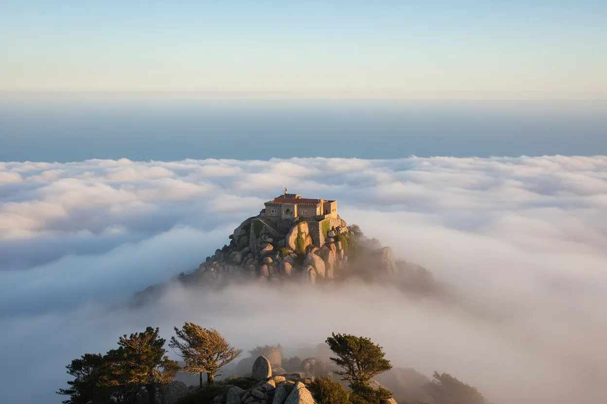 Santuário da Peninha shrouded in mist, with the Palacete da Peninha and chapel visible, creating an ethereal island in the sky