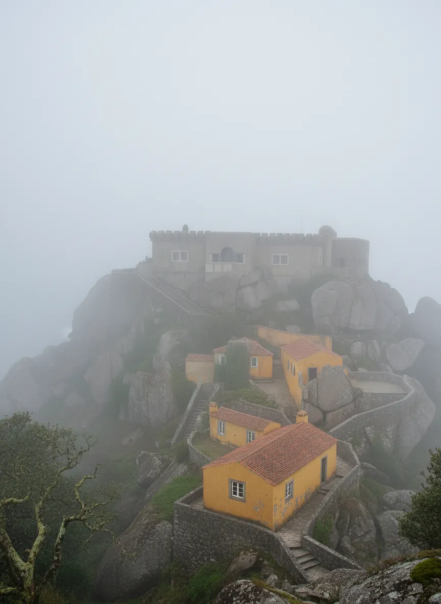 Close-up of the intricate architecture of Palacete da Peninha, showcasing its neo-romantic details and stonework