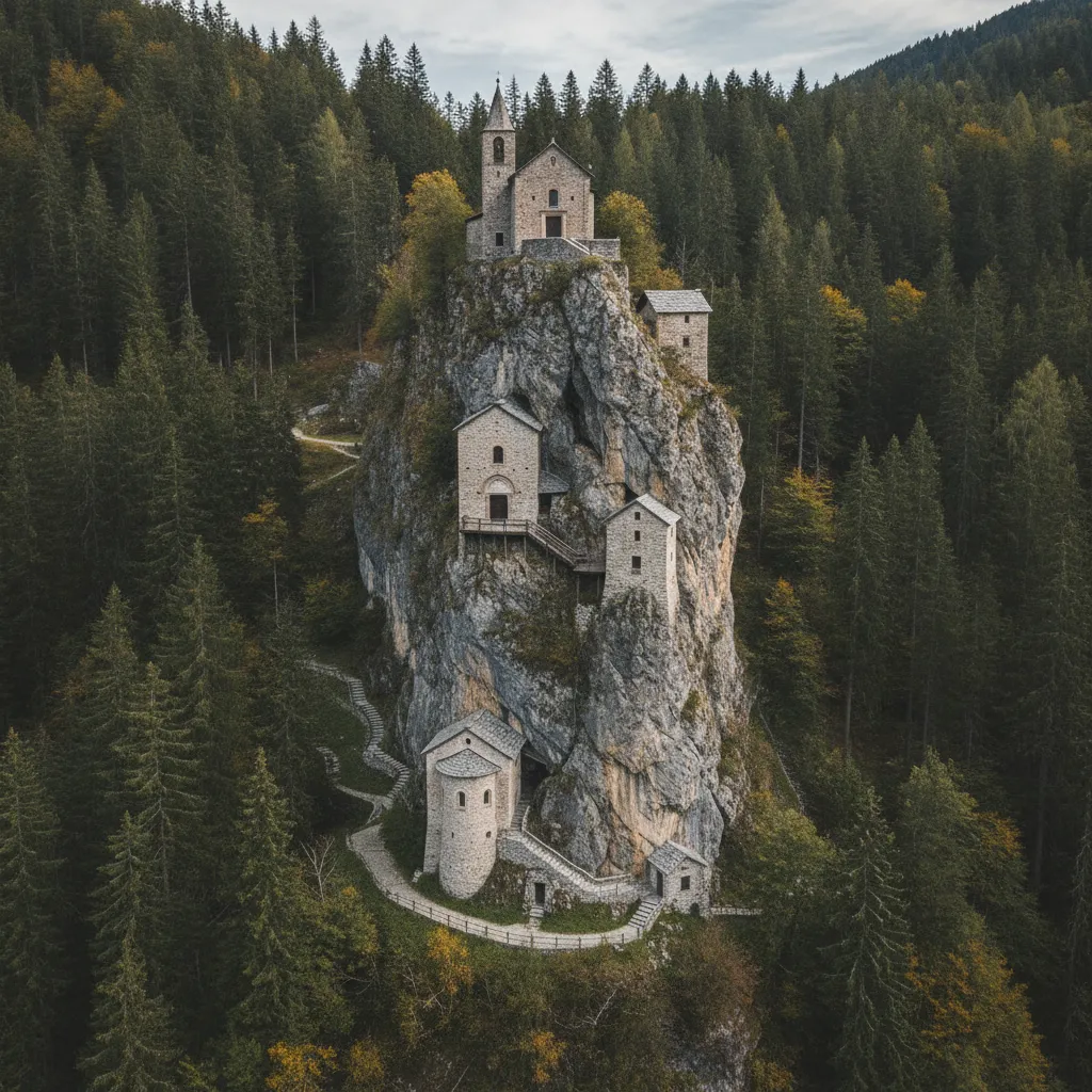 Santuario di San Romedio perched on a dramatic rock spire in the Dolomites, bathed in sunlight.